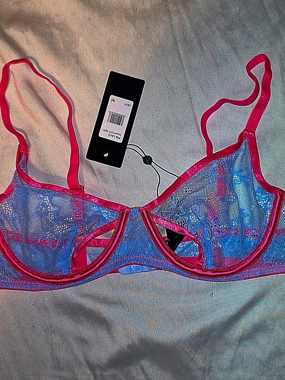 Sheer Lace Underwire Bra in Hot Pink and Blue